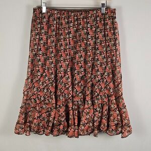 Dimri Floral‎ Tiered Ruffle Midi Skirt M Pink Orange Black Boho Cottagecore